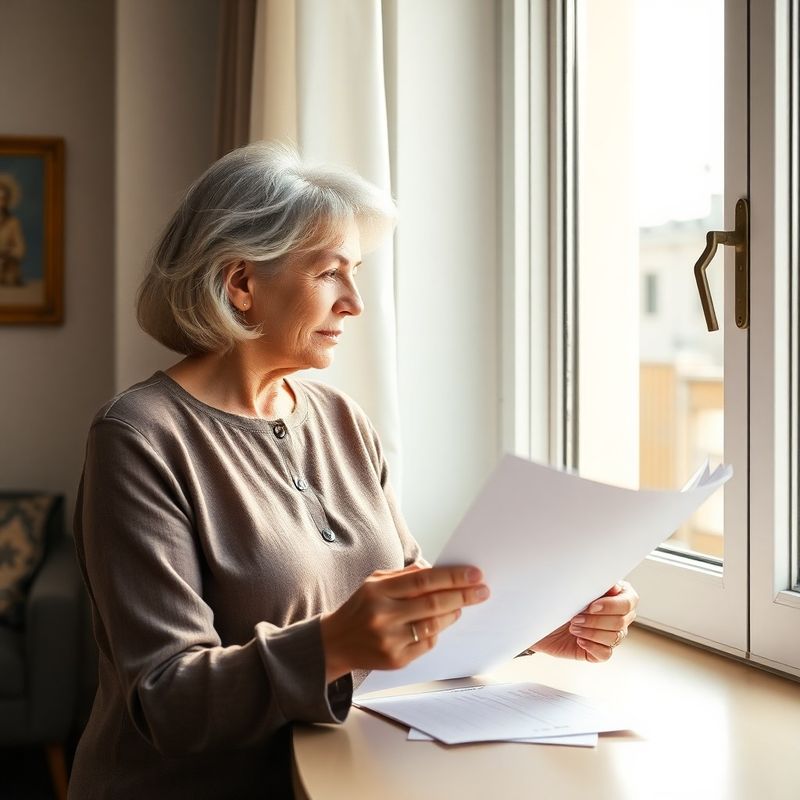 Seniorka prohlíží dokumenty s příjmovým plánem u okna